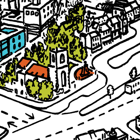 <b>Stockton Town Map</b> - Pen & Ink with Digital Colour Highlights